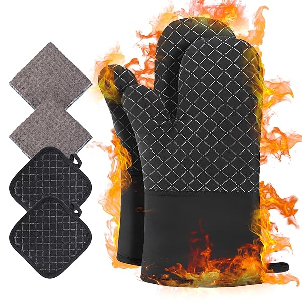 【送料無料】鍋つかみ 耐熱ミトン 耐熱 グローブ オーブンミトン手袋 やけど防止 最高耐熱温度500℃ 滑り止め 柔軟な綿製+表面シリコーン 左右兼用 着脱簡単 汚れが目立たず 鍋つかみマット2枚雑巾2枚付属 電子レンジ/キッチン/台所/炊事/調理