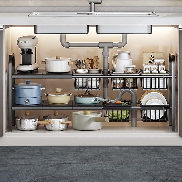 【送料無料】シンク下収納ラック キッチン収納ラック 洗面台下収納対応 伸縮式 2段キッチンラック 組み..