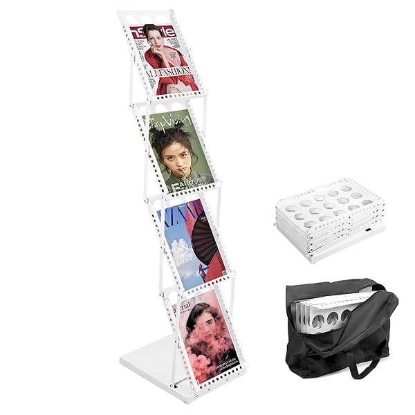 【送料無料】カタログスタンド 折りたたみ式 4段 片面 マガジンラック A4サイズに対応して マガジンスタンド スチール製 収納袋付き 展示会 販促活動 待合室用 白い