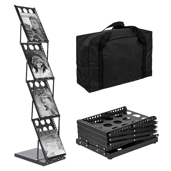 【送料無料】カタログスタンド、 チラシスタンド、折りたたみ式 A4 、 4段 片面パンフレットラック 組み立て不要 大容量 鉄製 収納袋付き 床置き ディスプレイラック 本棚 展示会 リビングルーム 寝室用 （ブラック）