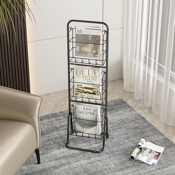 【送料無料】マガジンラック スリム アイアン 3段 マガジンスタンド 雑誌ラック 本棚 パンフレットスタンド 新聞ラック 新聞雑誌カタログ収納 マガジンホルダー ショッピングモール 応接室 オフィス 展示会 学校 図書館 病院 リビング 完成品 (ブ