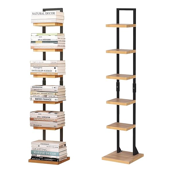 【送料無料】本棚 ブックタワー スリム 6段 大容量 幅30cm×高さ143cm 収納棚 隙間収納 収納ラック オープンラック シェルフ 木製棚板 スチールフレーム 省スペース 組立簡単 書棚 インテリア (黒いフレーム, 6段)