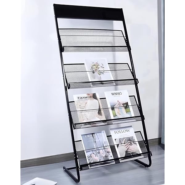 【送料無料】【最新昇級版】 マガジンラック 4段スチール製大容量 マガジンスタンド パンフレットスタンド 雑誌ラック 文学ディスプレイスタンドフロアスタンディング 大容量店舗 業務用 139.5cm×63cm×34cm （ブラック）（高さ139.5c