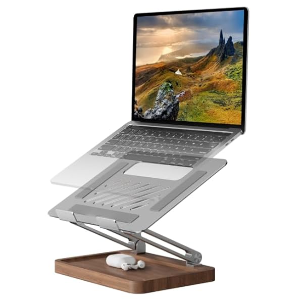 【送料無料】木製ノートパソコンスタンド デスク用 ノートパソコンライザー ウォールナット収納ベース..