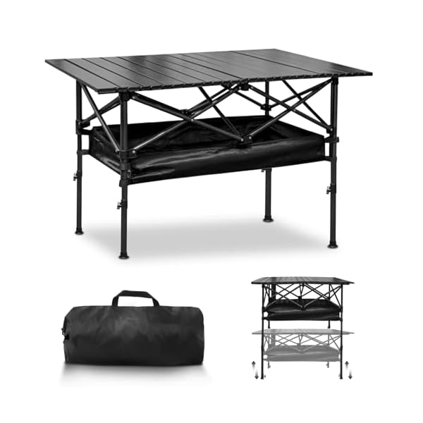 【送料無料】キャンプテーブル 折りたたみテーブル 高さ調整可能(55-85cm) 軽量 4kg 耐荷重80kg キャンプ用 アウトドア コンパクト収納袋付 4-6人用 防水 (ブラック)