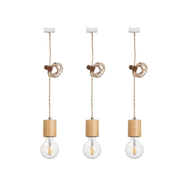 【送料無料】天然木 ペンダントライト 裸電球 E26口金ソケット ナチュラルカラー 吊り下げライト 本革コードホルダー付き 工事不要 （引掛けシーリング用・電球付属・3灯セット）