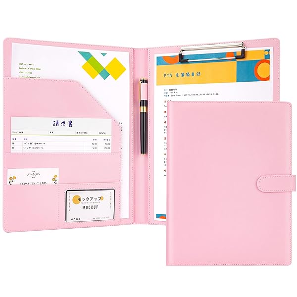 【送料無料】バインダー A4 クリップボード 2つ折り PUレザー クリップファイル 多機能 クリップバインダー 折りたたみ ペンホルダー付き 名刺入れ メモ帳付き ポケット付き プレゼント 贈り物 ギフト オフィス用品 事務用品 (ピンク)