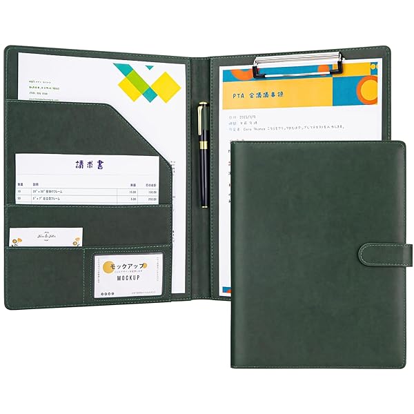 【送料無料】バインダー A4 クリップボード 2つ折り PUレザー クリップファイル 多機能 クリップバインダー 折りたたみ ペンホルダー付き 名刺入れ メモ帳付き ポケット付き プレゼント 贈り物 ギフト オフィス用品 事務用品 (グリーン)