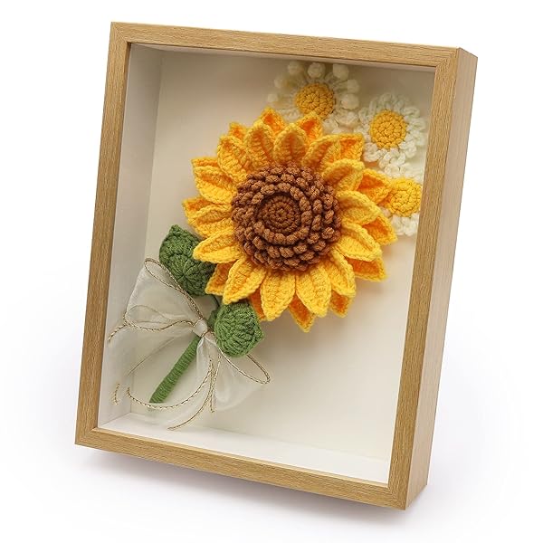 【送料無料】かぎ針花束フォトフレーム、かぎ針糸ヒマワリとデイジー、手編み糸でヒマワ