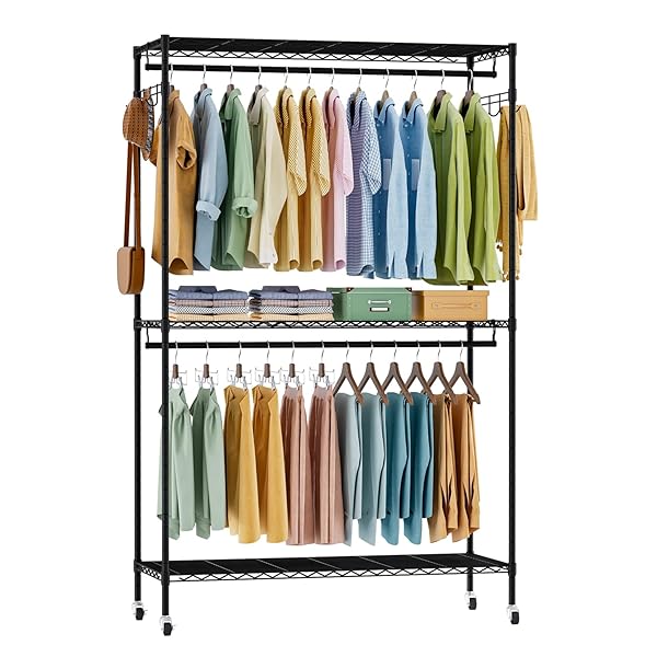 【送料無料】ハンガーラック 頑丈 ワードローブ 大容量 キャスター付き 洋服ラック 棚付き