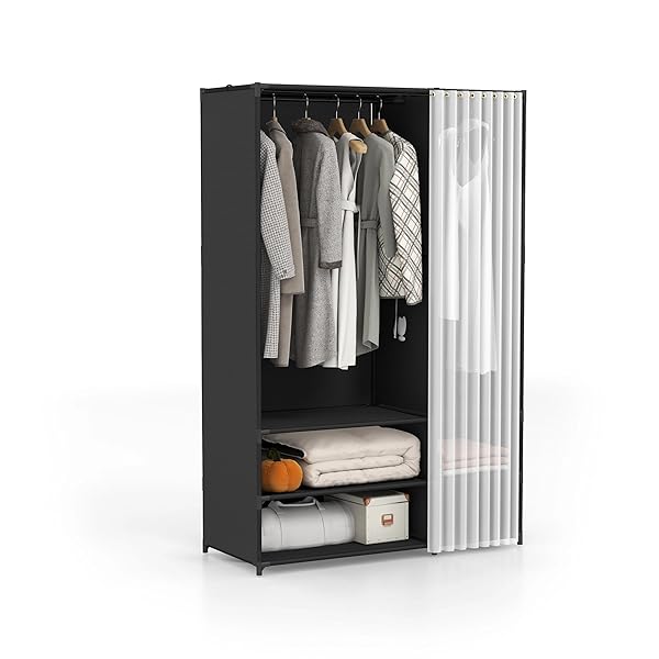 【送料無料】2 列棚ワードローブ 組立式 大容量 ハンガーラック 布製 洋服整理 カバー付き