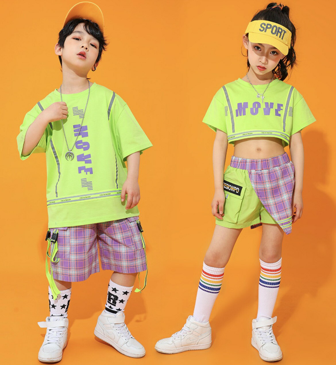 キッズダンス衣装 セットアップ ヒップホップ hiphop ストリート kpop グリーン パープル 緑 紫 チェック ハーフパンツ へそ出し 韓国 チアダンス 子供 子ども ジュニア ティーンズ キッズ ジュニア 男の子 女の子