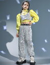 800円offクーポンあり! キッズダンス衣装 スパンコール セットアップ ヘソ出し 長袖 シャツ イエロー シルバー パンツ ステージ衣装 ヒップホップ hi...