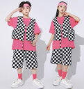 キッズダンス衣装 ベスト ハーフパンツ 半袖 tシャツ トップス ホワイト ブラック ピンク 格子 チェッカー パンツ ヒップホップ ガールズ hiphop k...