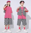 【5/5限定全品10%offクーポン有り!】 キッズダンス衣装 ベスト ハーフパンツ 半袖 tシャツ トップス ホワイト ブラック ピンク 格子 チェッカー パンツ ヒップホップ ガールズ hiphop kpop 韓国 子供 キッズ ダンス衣装 女の子 男の子 2