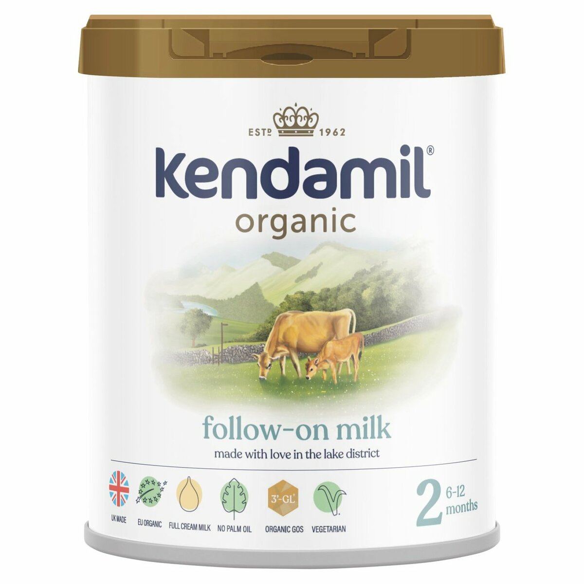 商品情報名称(一般的名称)Kendamil Organic 2 Follow-On Milk ( ケンダミルオーガニック )原材料名(使用した原材料)特定原材料表記：乳内容量800g(1個あたり）用意・使用方法1. 手を洗い、哺乳瓶などご利用になるすべての用具を製造者の指示に従って滅菌してください。2. 1リットルの新鮮な水を 沸騰後冷まします。30分以上は冷まさないようにしてください。人工的に軟化した水、または繰り返し沸騰した水は使わないでください（沸騰後、約30分ほど冷ます）。必要な分量のお湯を殺菌させた哺乳瓶に入れてください(Feeding Guide参考)。（ 哺乳瓶にお湯と粉ミルクを入れる順番は日本の粉ミルクの作り方と異なっております。日本では通常ミルクを作るときには最初粉ミルクを哺乳瓶に入れてからお湯をいれますが、 ケンダミルミルクは逆にお湯を哺乳瓶に入れてから粉ミルクを入れます。1スクープ 粉ミルクで30mlのお湯を使用します。）3. 提供されたスクープを使って正しい量の粉ミルクを入れてください。 計量の際、粉ミルクをスプーンに押しつけないでください。4. 殺菌された乳首と蓋をを哺乳瓶にはめてから粉ミルクが完全に溶けるまで振って下さい（約10秒）。5. 哺乳瓶を流水（水道水）で適温（約37度）まで冷まします。飲ませる前は必ずミルクの温度を確認してください。使用量・フィーディング回数年齢:　 6か月以上一日当たり約500-600ml【1回分の参考分量】1回当たり150mlのお湯を使用 （5スクープ 粉ミルク）(出来上がりミルク約170ml)1回当たり180mlのお湯を使用 （6スクープ 粉ミルク）(出来上がりミルク約200ml)1回当たり210mlのお湯を使用 （7スクープ 粉ミルク）(出来上がりミルク 約230ml)材料・成分オーガニック全乳、有機脱塩乳ホエイプロテインパウダー、有機スキムミルク、有機植物油（ヒマワリ、ココナッツ、菜種）、有機ガラクトオリゴ糖（牛乳由来）、クエン酸カルシウム、クエン酸ナトリウム、塩化カリウム、乳酸カルシウム、塩化マグネシウム、 ドコサヘキサエン酸、ビタミンC、水酸化カリウム、酒石酸コリン、イノシトール、アラキドン酸、タウリン、ヌクレオチド（シチン-5'-一リン酸、ウリジン-5'-一リン酸二ナトリウム、アデノシン-5'-一リン酸、イノシン-5'-一リン酸二ナトリウム 、グアノシン-5'-一リン酸二ナトリウム）、ピロリン酸鉄、硫酸亜鉛、ビタミンE、ナイアシン、パントテン酸、硫酸銅、チアミン、リボフラビン、ビタミンA、ビタミンB6、硫酸マンガン、葉酸、ヨウ化カリウム、セレン酸ナトリウム、ビタミン K、ビタミンD3、ビオチン、ビタミンB12賞味期限別途ラベル記載保存方法常温発送国イギリス配送業者ヤマト宅急便（追跡番号付き）商品を発送後追跡番号は確認でき次第メールにてご連絡させて頂きます。配送期間注文確定後、7-14日以内に商品をお届けいたします。正確なお届け日についてはお届け先へ到着1-2日前にメ-ルにて再度ご連絡致します。【800g 2個セット・6カ月から】Kendamil Organic（ケンダミル オーガニック）2 Follow-On Milk パーム油フリー 乳児用粉ミルク【6ヶ月から】【英国発送】 Kendamil Organic（ケンダミル オーガニック） 乳児用粉ミルク 2