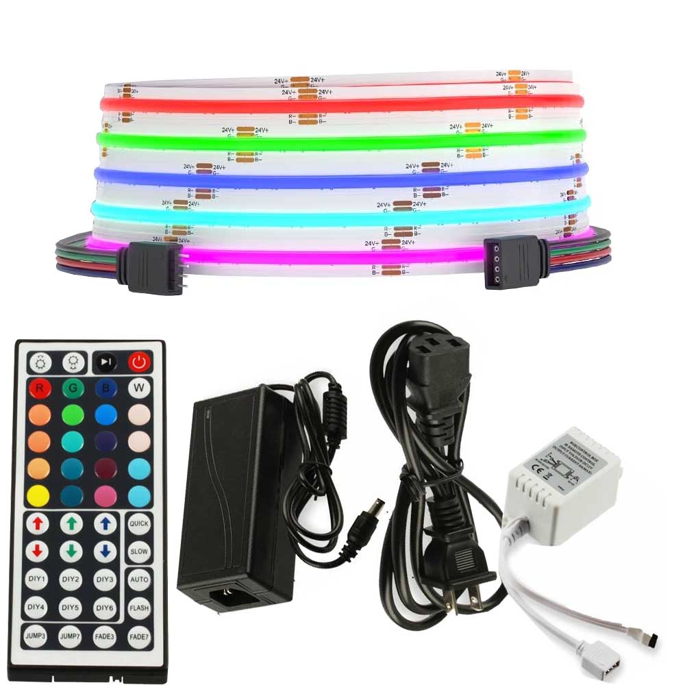 FCOB COB RGB LEDテープライト 高密度 フレキシブル LEDテープライト 5M 576LEDs/m 4PIN RGB 幅10mm ストリップライト DC12V 調光調色 変形可能 切断可能 寝室 キッチンホーム 屋内装飾 エネルギークラス 非防水 FOBライトリモコンとPSE仕様AC電源ユニットセット 送料無料