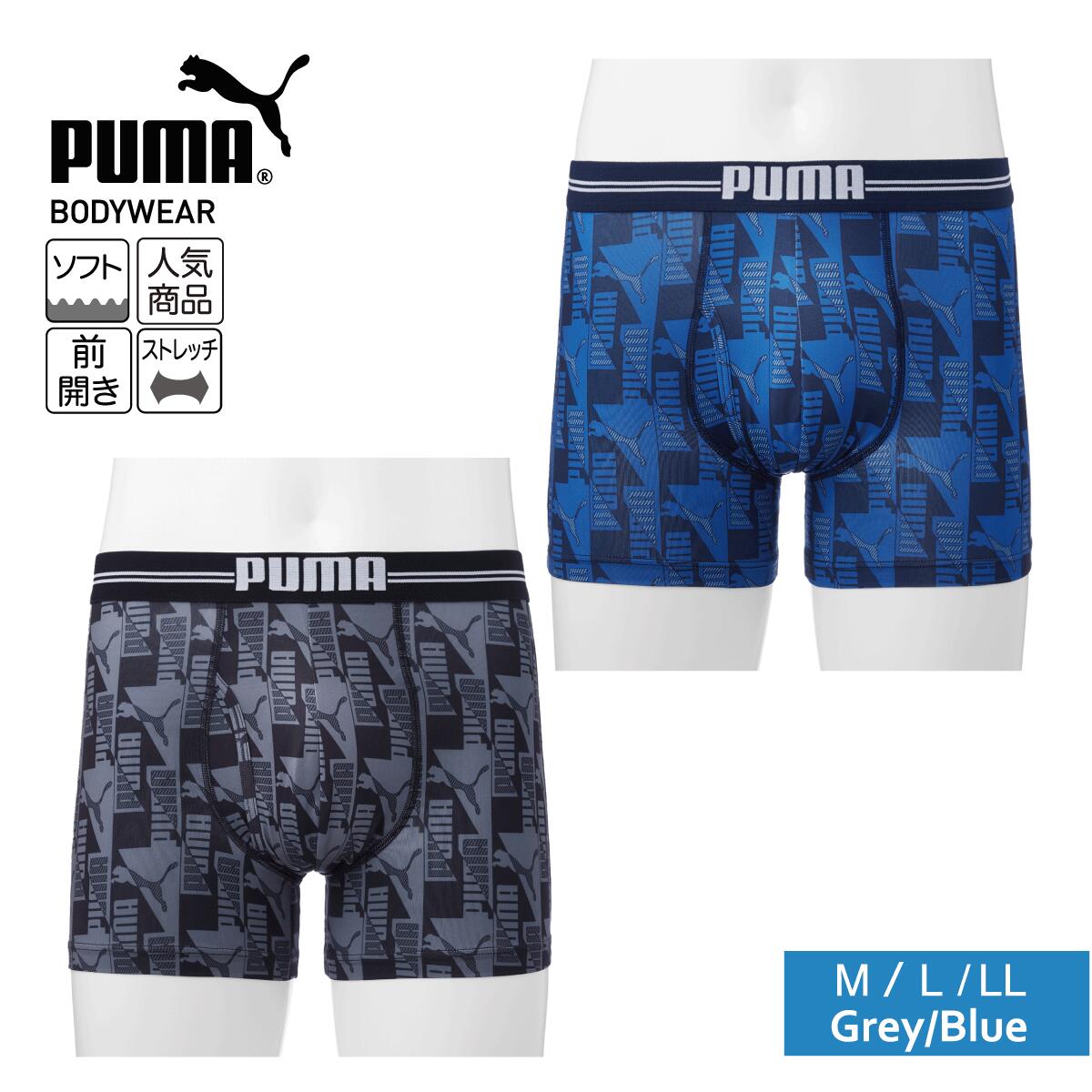 ボクサーパンツ メンズ ストレッチ PUMA プリント ボクサー 前開き レギュラー丈 M/L/LL 総柄 スタイリッシュ プリント スポーティ DRY 速乾 男性 下着 プーマ パンツ