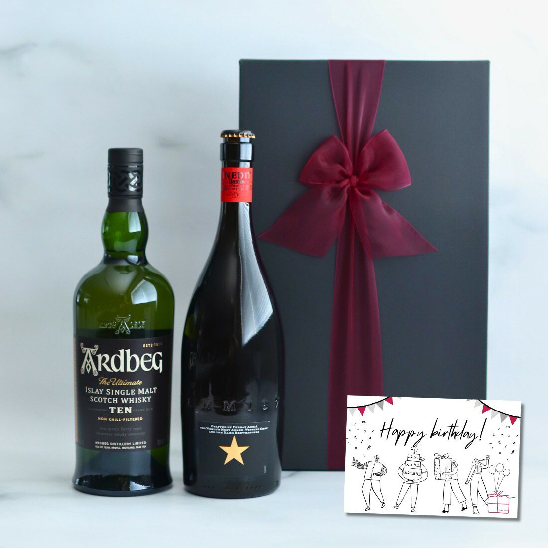 【選べるメッセージカード】御礼 高級 ビール ギフト ウイスキー 高級 ビール ギフト 2本セット ウイスキー：アードベッグ10年 ビール：イネディット リボン 化粧箱入 ボックス セット プレゼント おしゃれ 誕生日 メッセージ