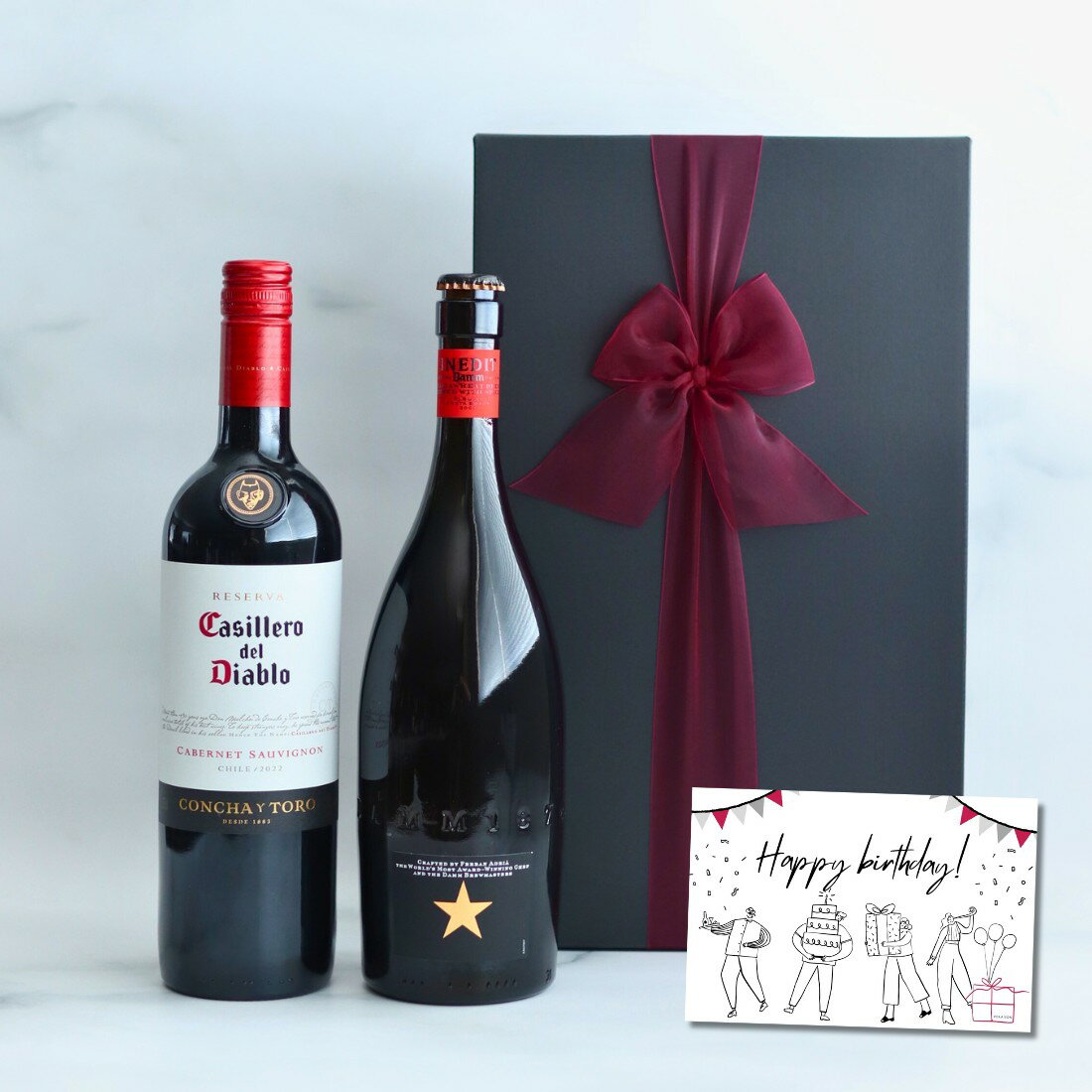 【送料無料 無料リボンラッピング メッセージ】御祝 御礼 誕生日 ビール ギフト ビール ワイン 2本セット スペイン高級ビール イネディット ビール 750ml 悪魔の蔵の赤ワイン カッシェロ・デル・ディアブロ カベルネ・ソーヴィニヨン 750ml 御歳暮 クリスマス
