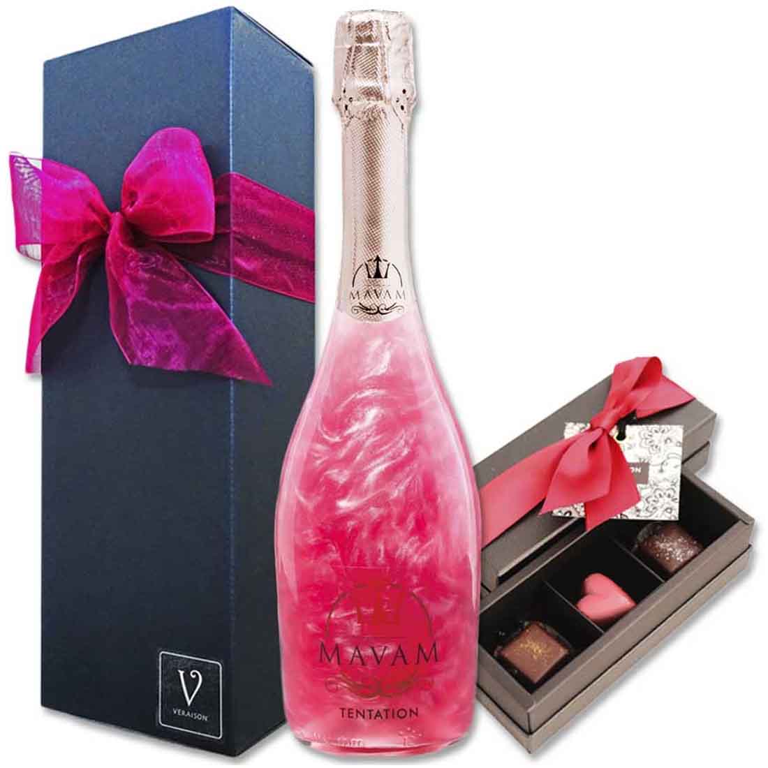 【送料無料 無料リボンラッピング メッセージ】誕生日 ワイン ギフト マバムテンテーション スパークリングワイン ボンボンショコラチョコレート 3個 リボン包装 フランボワーズ タンザニア メキシック 誕生日プレゼント おしゃれのサムネイル