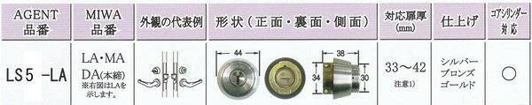 【平日12時までの注文で当日出荷】 AGENT,エージェント LS5-LA,DA用取替シリンダー 【5個セット】【シルバー】 MIWA ミワ 美和 LA DA MIWA ミワ 美和 玄関 ドア 扉 修理 補修 交換 部品 パーツ 2