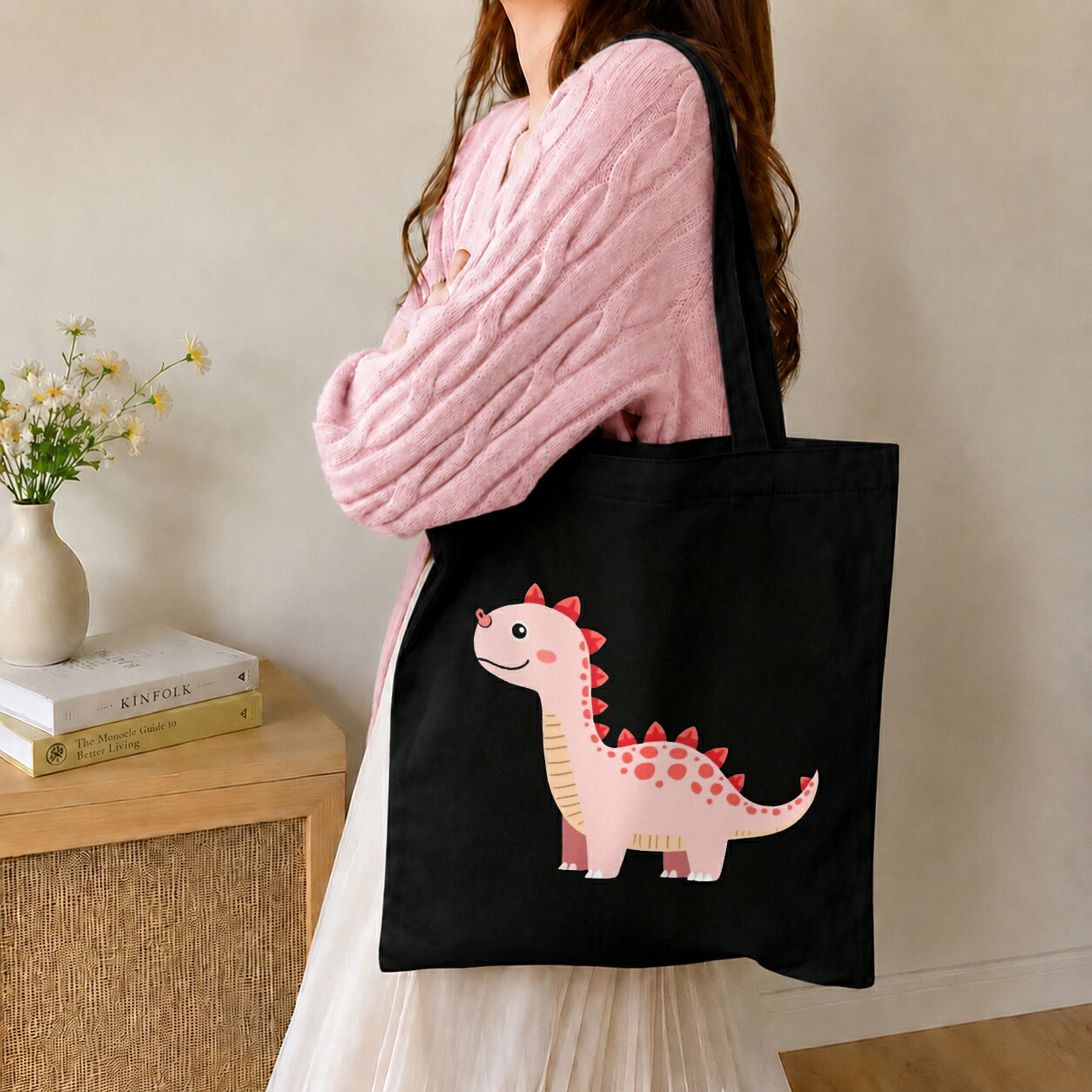 ピンクのかわいい恐竜イラストプリント キャンバストートバッグ 子供向け 動物モチーフ エコバッグ