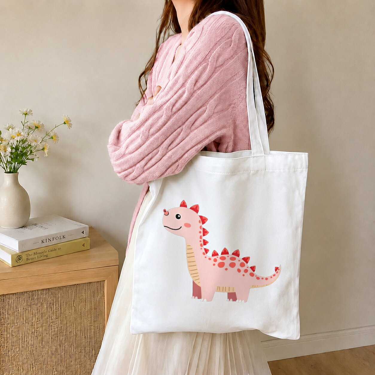 Imagen de dinosaurio hermosa de color rosa Impresión de bolsa de ropa para niños Motivos de animales Eco-bolsa — vista 2