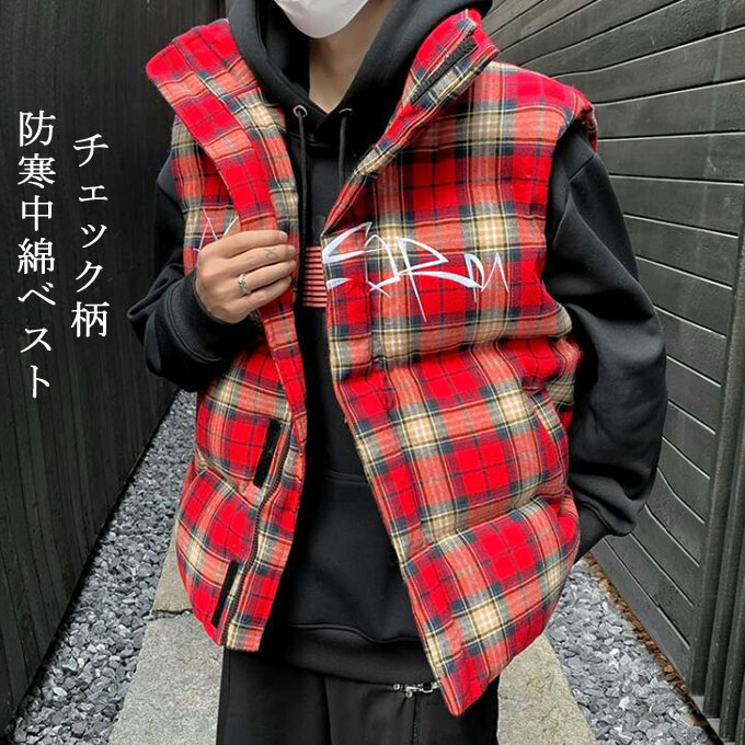 Down Coat - 中綿ベスト チェック柄 ハイネック ベスト 刺繡 お洒落 トップス アウター 羽織り 秋 冬 上着 防寒 ノースリーブ ジャケット 体型カバー カジュアル 重ね着 レイヤード ゆったり レジャー 軽量 あったか 冬服 クリスマス 送料無料