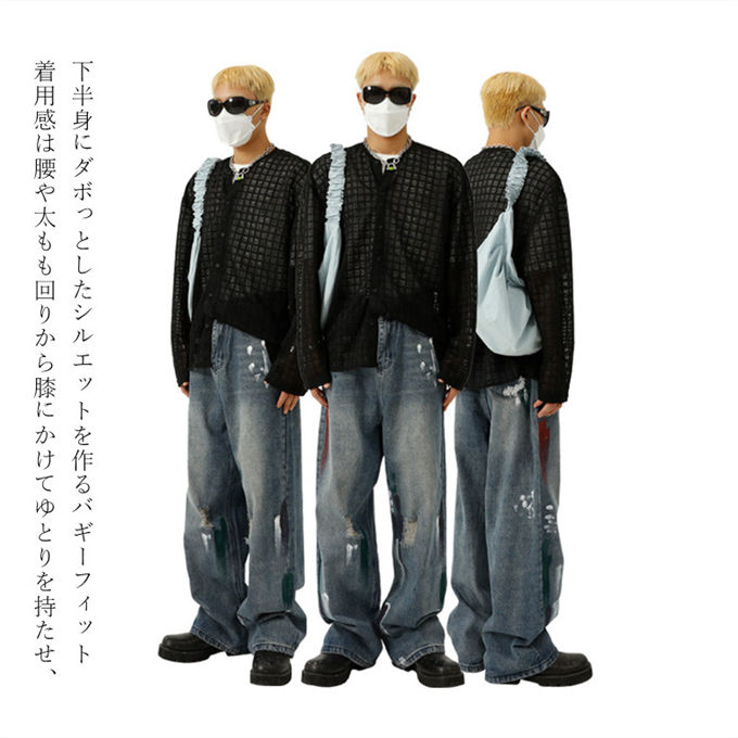 ワイドパンツ デニム メンズ モード系 ワイドデニムパンツ ダメージ ワイドデニム デニムパンツ ダメージパンツ ワイド ジーンズ ジーパン スパナポケット ボトムス 個性派 おしゃれ ユーズド加工 ストリート系 かっこいい ゆったり 太め レトロ 送料無料