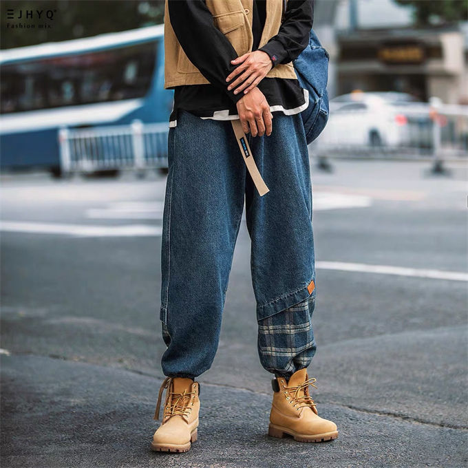 デニムパンツ メンズ ロング丈 カーゴパンツ チェック柄切り替え ボトムス 大きいサイズ ゆったり 着痩せ 大人 カジュアル 韓国ファッション 春 夏 秋 送料無料