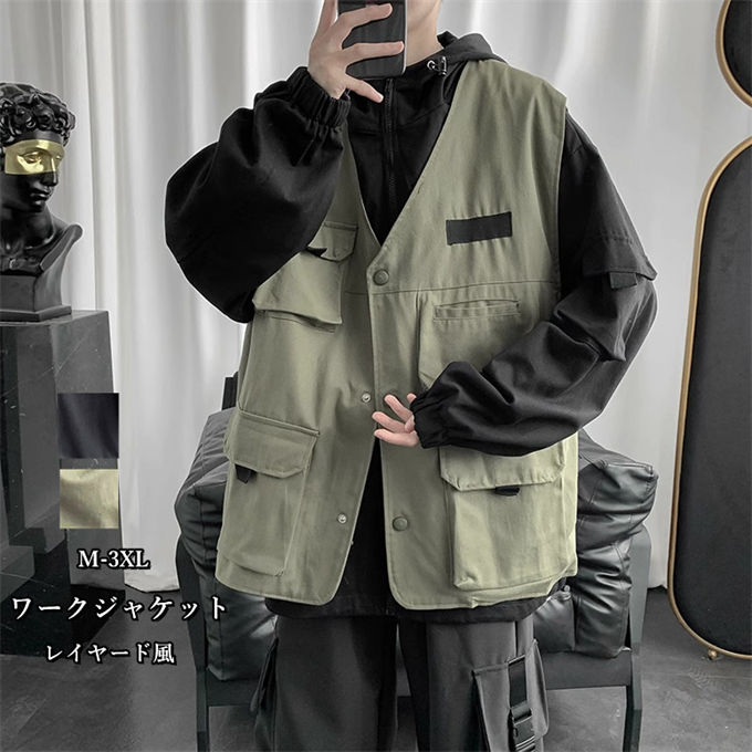 Rakuten - ワークジャケット メンズ レイヤード風 ワークベスト風 アウトドア スポーツ スウェット トレーニング ヒップホップ かっこいい お兄系 カジュアル ゆったり 韓国ファッション 春 秋 送料無料