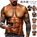 半袖Tシャツ メンズ tシャツ 半袖 コスプレ 仮装 コスプレ 筋肉服 マッチョ 偽筋肉 レイヤード風 3D tシャツ 偽腹筋 グラマー男性 仮装 イケメン筋肉...