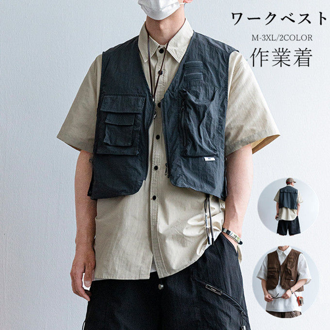 ワークベスト メンズ ノースリーブ ジャケット ミリタリー ジレベスト カジュアル 大きいサイズ ゆったり 作業着 カジュアル サマージャケット 薄手 ベスト ポケット 春 夏 秋 送料無料