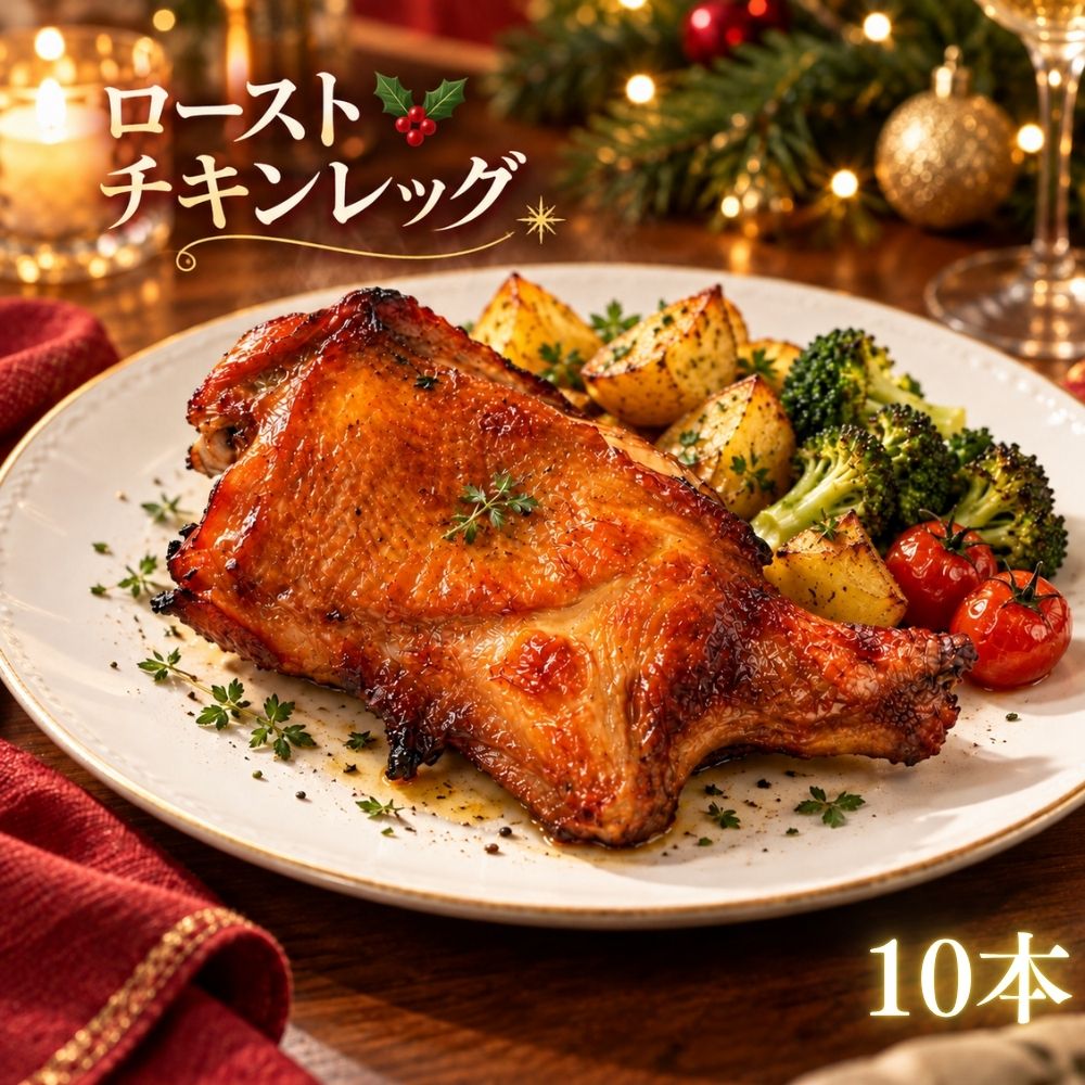 商品情報名称ローストレッグ原材料名鶏肉、しょうゆ油、糖類（砂糖、ぶどう糖）、でん粉、たん白質濃縮ホエイパウダー、卵白粉、食物油脂/甘味料（ソルビトール）、ポリリン酸Na、炭酸水素Na、調味料（アミノ酸）、カラメル色素、（一部に小麦・乳成分・卵・鶏肉・大豆を含む）内容量1kg（5本）セット内容1kg（5本）×2袋保存方法-18℃以下の冷凍庫で保存してください。ローストチキン レッグ 【 調理済 温めるだけ】 10本 1本 200g 計2kg 電子レンジ 温めるだけ クリスマス チキン 丸鶏 骨つき 冷凍 パーティー ご褒美 お祝い 簡単調理 冷凍惣菜 クリスマスチキン ターキーレッグ Christmas Xmas 鶏肉 香ばしくジューシーなローストチキンレッグ。クリスマスや誕生日、特別な日にぜひ ●香ばしくジューシーなローストチキンレッグ食欲をそそる香ばしい焼色と、ジューシーな味わい。やわらかなチキンを豪快に楽しめる、食卓の主役にぴったりの一品です。●温めるだけで手軽にごちそうへ加熱済みなので食べる時に温めて食卓へ。温めたあとに焼き目をつければより香ばしく仕上がります。手軽に骨付きチキンを楽しめます。●冷凍庫にあるとうれしいごちそう冷凍庫にストックできますので食べたい時に食べたい分だけ温めて食卓へ。急な来客やパーティーでも安心して食卓へお出し出来ます。●食べ応えのあるローストチキンレッグ1本200gある大きなチキンです。ボリュームのある見た目で満足のある一品に。●お召し上がり方※1本の場合【電子レンジ】袋から出し、凍ったままお皿にのせ、ラップをせず電子レンジ500wで6分間加熱してください【オーブン】袋から出し、凍ったままオーブン皿にのせ、180℃に予熱したオーブンで10～15分加熱してください※加熱時間は目安です。機種によって多少加熱時間が異なりますので加熱してください。●みんなが集まる日の食卓へ家族や友人、大切な方、お一人暮らしの少し贅沢な食卓にも。存在感のある骨付きチキンがいるもの食卓を華やかに彩ります。パーティー・お誕生日、クリスマス、お祝いごとなどにぜひお召し上がりください。●アレンジレシピ【ローストチキンのホットサンド】1チキンを表示どおりに温め、骨と軟骨を除いてほぐします2キャベツを千切りにします3パンの内側にマヨネーズを塗り、具材を挟みます4外側にバターを塗り、ホットサンドメーカーで焼いて完成【ローストチキンと彩り野菜のサラダ】1チキンを表示どおりに温め、骨と軟骨を除いてほぐします2レタスやお好みのお野菜をお好みのサイズにカット2野菜を盛り付け、チキンをのせ食べる直前にドレッシングをかけて完成 5