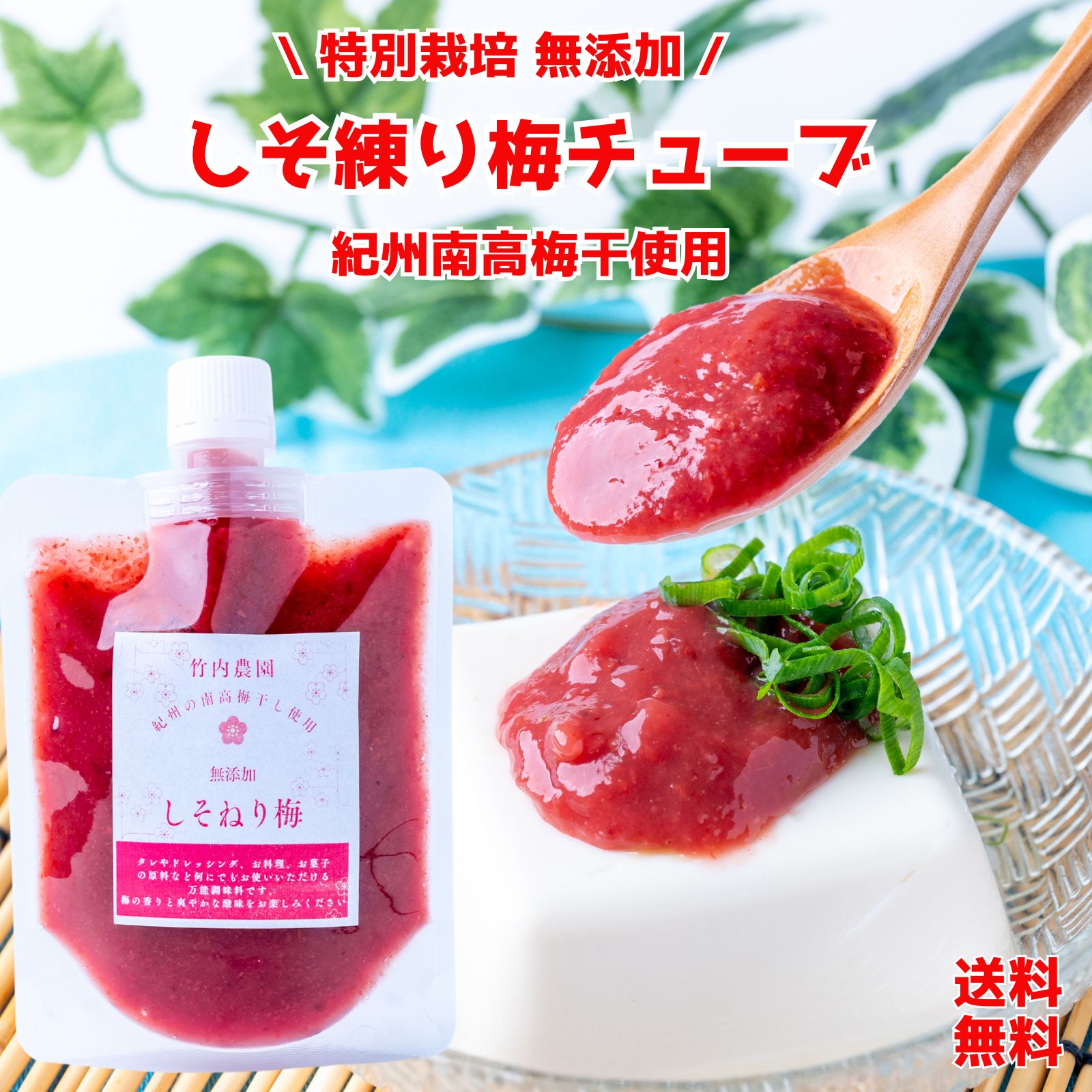 竹内農園 しそねり梅 180g 1個 チューブ 塩分約20% ねり梅 練り梅 梅肉 特別栽培 紀州南高梅干 無添加 梅 うめ キャップ付 万能調味料 梅にく 練梅 送料無料