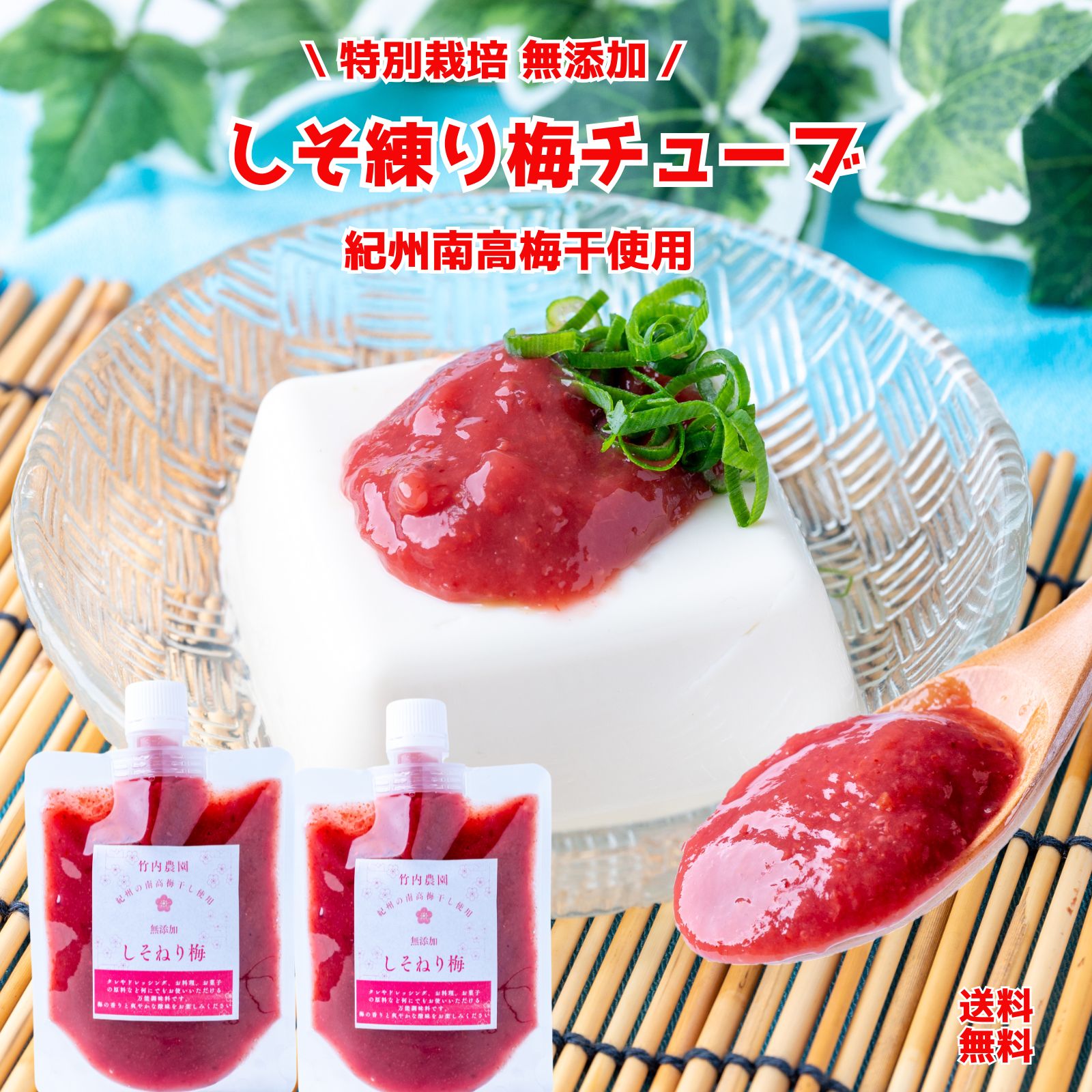 竹内農園 しそねり梅 180g 2個 チューブ 塩分約20% ねり梅 練り梅 梅肉 特別栽培 紀州南高梅干 無添加 梅 うめ キャップ付 万能調味料 梅にく 練梅 送料無料