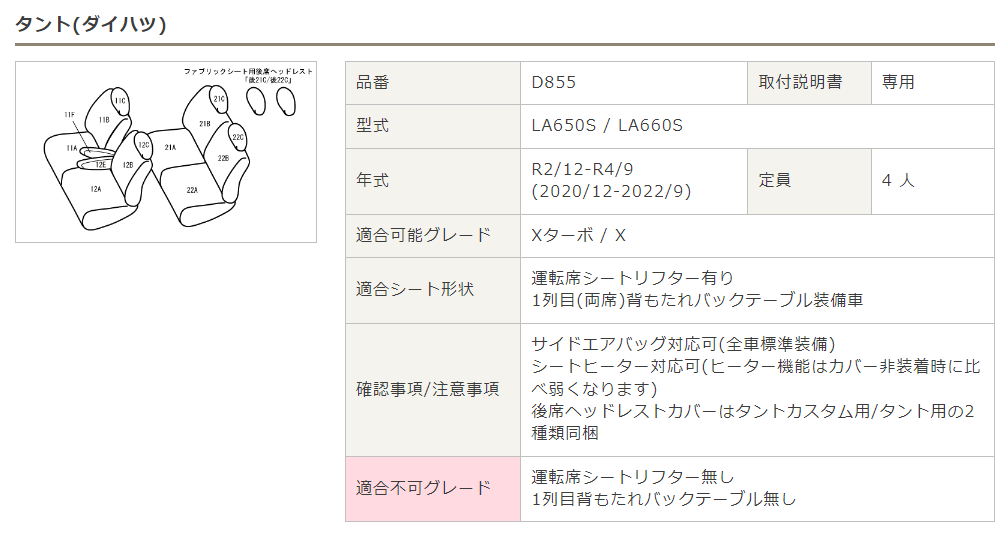 Bellezza シートカバー ワイルドステッチタイプ ダイハツ タント 型式 LA650S/LA660S 年式 R2/12- グレード X/Xターボ ≪ 運転席シートリフター付/1列目両席背面バックテーブル付車用 ≫