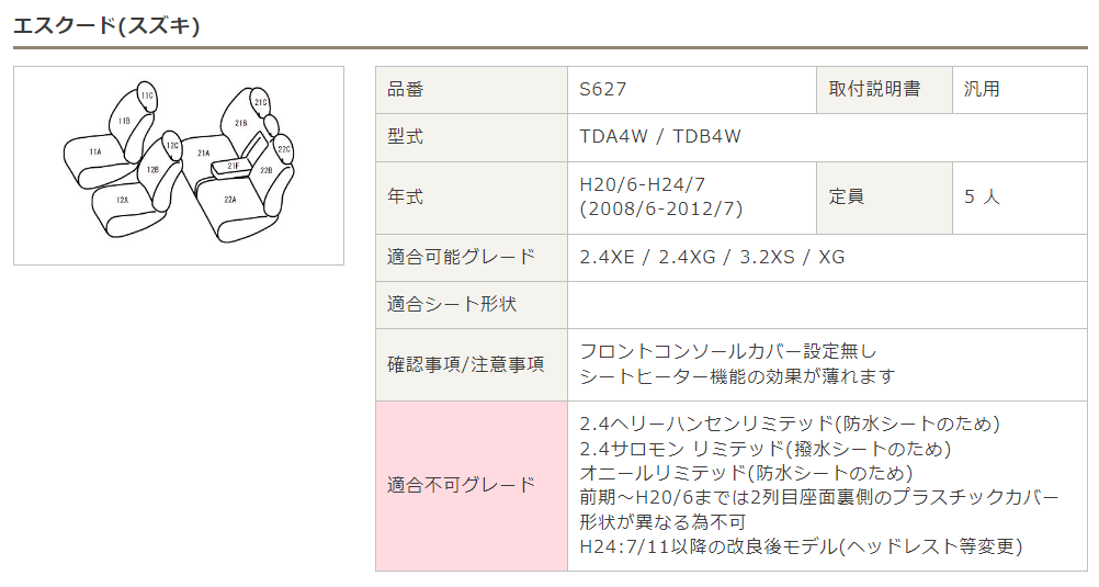 Bellezza シートカバー セレクションタイプ エスクード 型式 TDA4W/TDB4W 年式 H20/6-H24/7/10 グレード 2.4XE/2.4XG/3.2XS/XG ≪ 1列目コンソールカバー無仕様 ≫※防水シート仕様車不可 ※撥水シート仕様車不可
