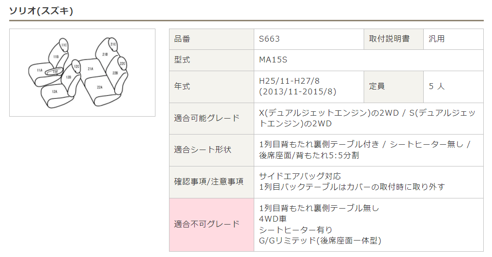 Bellezza シートカバー ワイルドステッチタイプ スズキ ソリオ 2WD 型式 MA15S 年式 H25/11-H27/8 グレード X/Xデュアルジェットエンジン/S/Sデュアルジェットエンジン ≪ 1列目背面テーブル付/リア座面&背面5：5分割/シートヒーター無車用 ≫