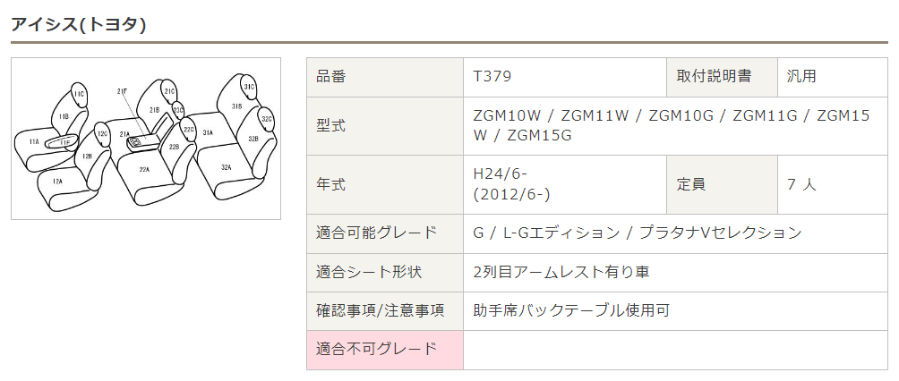 Bellezza シートカバー ワイルドステッチタイプ トヨタ アイシス 型式 ZGM10W/ZGM11W/ZGM15W ZGM10G/ZGM11G/ZGM15G 年式 H24/6- 定員 7人 グレード G/L-Gエディション/プラタナ-Vセレクション ≪ 2列目アームレスト有車用 ≫