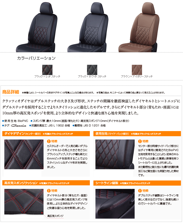 clazzio シートカバー クラッツィオダイヤタイプ シエンタ 型式 NCP81G/NCP85G 年式 H23/6-H27/6 定員 7人 グレード G/X/X-Lパッケージ/ダイス/ダイスG/ダイスリミテッド ※1列目アームレスト有:背面カバー要穴開け加工 ※オプション大型肘掛装備車:肘掛部非対応