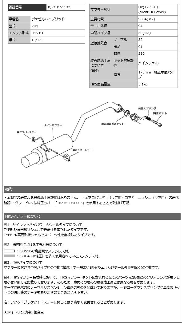 【 ヴェゼルハイブリッド ベゼルハイブリッド 型式 DAA-RU3 エンジン形式 LEB-H1 年式 2013/12-2021/3 ※各種エアロ装着車不可 ※RS:別途純正部品別途用意で装着可 】≪ テール:94Φ サークルテール ≫【 HKSマフラー サイレントハイパワータイプH 】【 32016-AH032 】