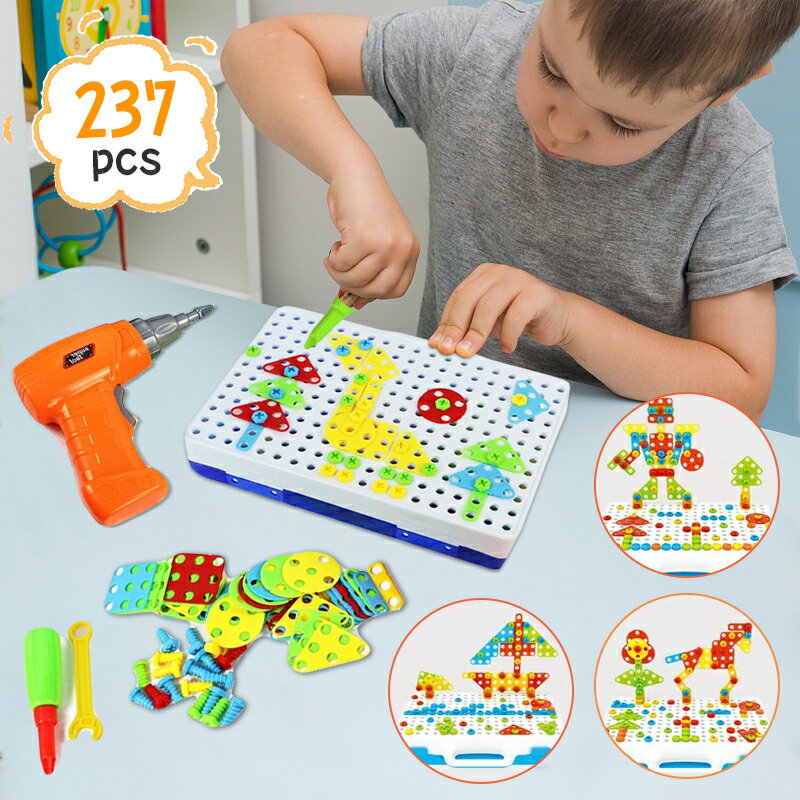 【237pcs】電動ドリル おもちゃ 大工さん ごっこ遊び DIY 組み立てセット2D 3D 積み木 立体パズル 構築ブロック 変形 カラフル 子供 知育玩具 ...