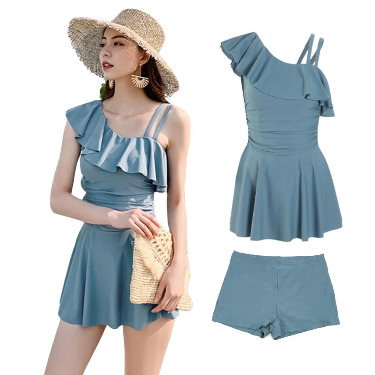 水着 レディース 2点セット ワンピース ショートパンツ ワンショルダー フリル ハイウエスト 体型カバー スイムウェア 温泉水着 送料無料