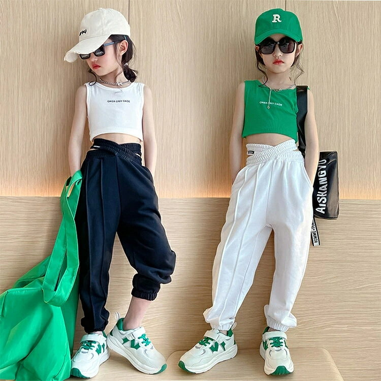 キッズ ダンス 衣装 ベスト ショート 黒 緑 ショート丈 トップス へそ出し タンク...