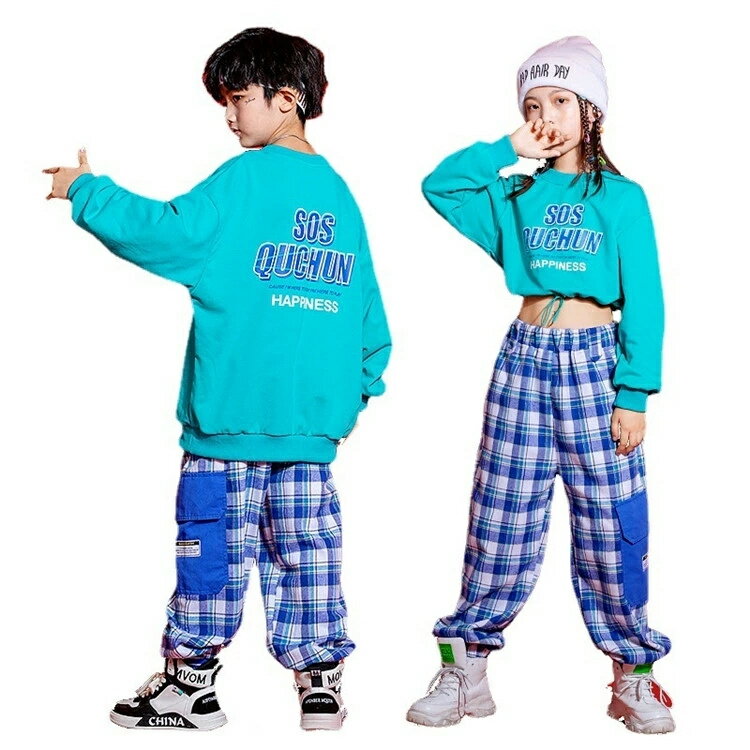 キッズ ダンス衣装 K-POP キッズダンス セットアップ 2点セット 別れ販売 ヒップホップ 女の子 男の子 へそ出し 長袖シャツ+ロングパンツ チェック柄 チアガール 子供服 スポーツウェア 派手 ストリート 原宿系 レッスン ダンスウェア イベント 発表会 hiphop 110-170cm