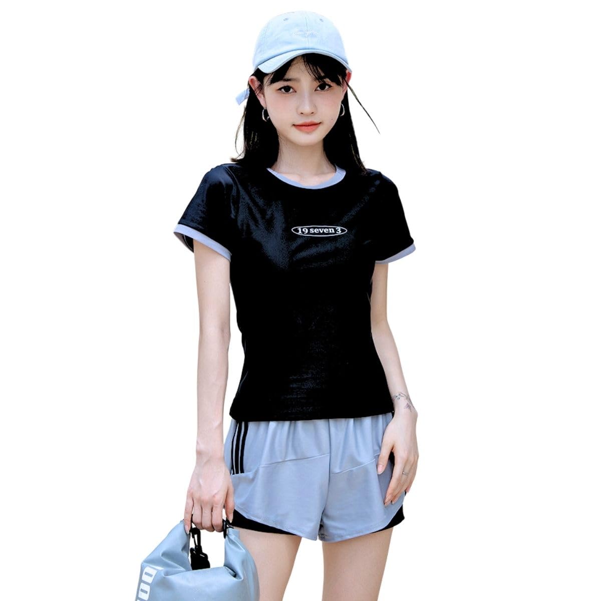 水着 レディース 体型カバー 2点セット タンキニ セパレート スポーティー水着 フィットネス 水着 半袖ラッシュガード ショートパンツ 上下セット 水陸両用 スポーツ風 学生 20代 速乾性 練習用