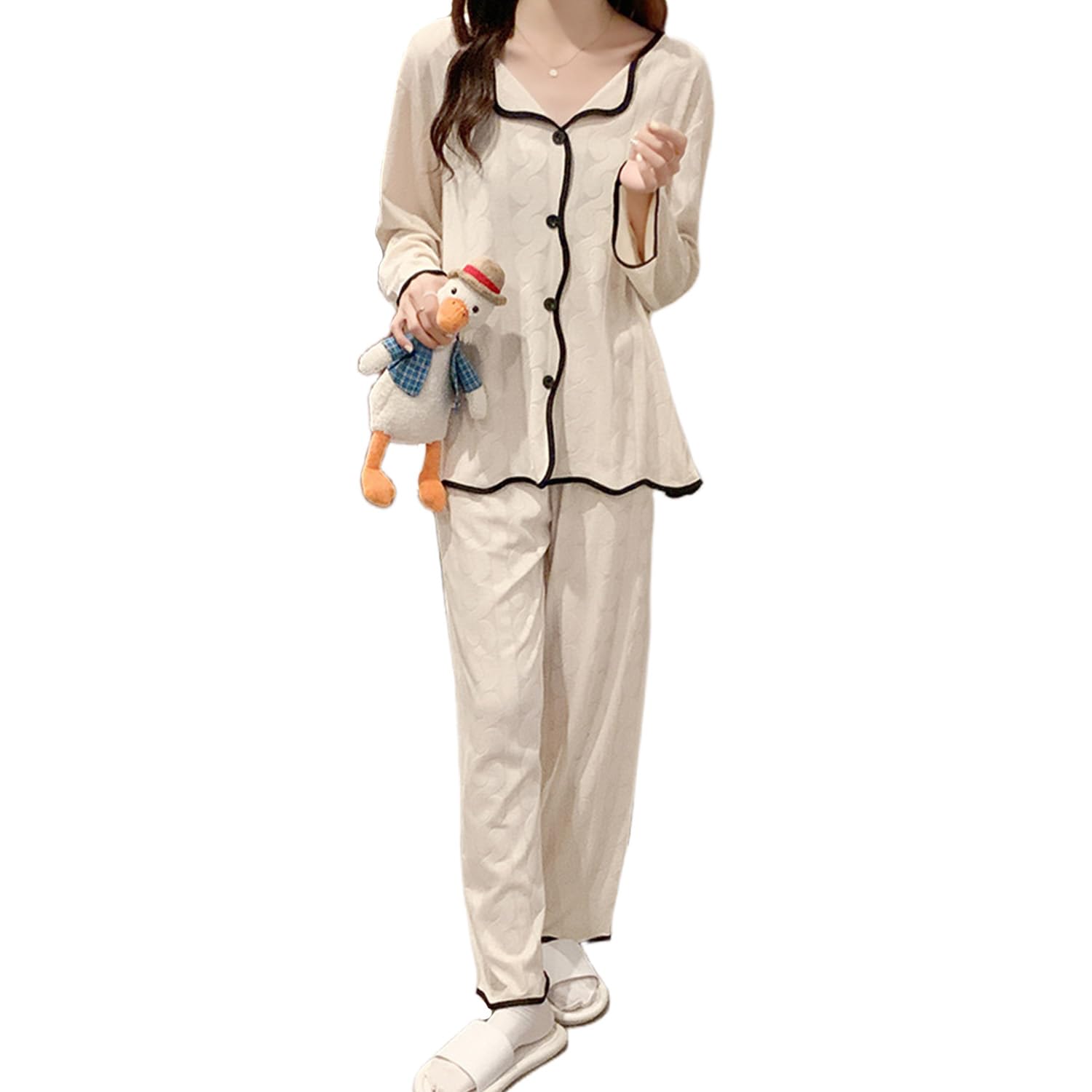 パジャマ レディース 長袖 春 秋 かわいい ゆったり ルームウェア 上下セット 部屋着 Vネック 柔らか 吸汗 通気 寝間着 カジュアル 前開き 肌触りよい