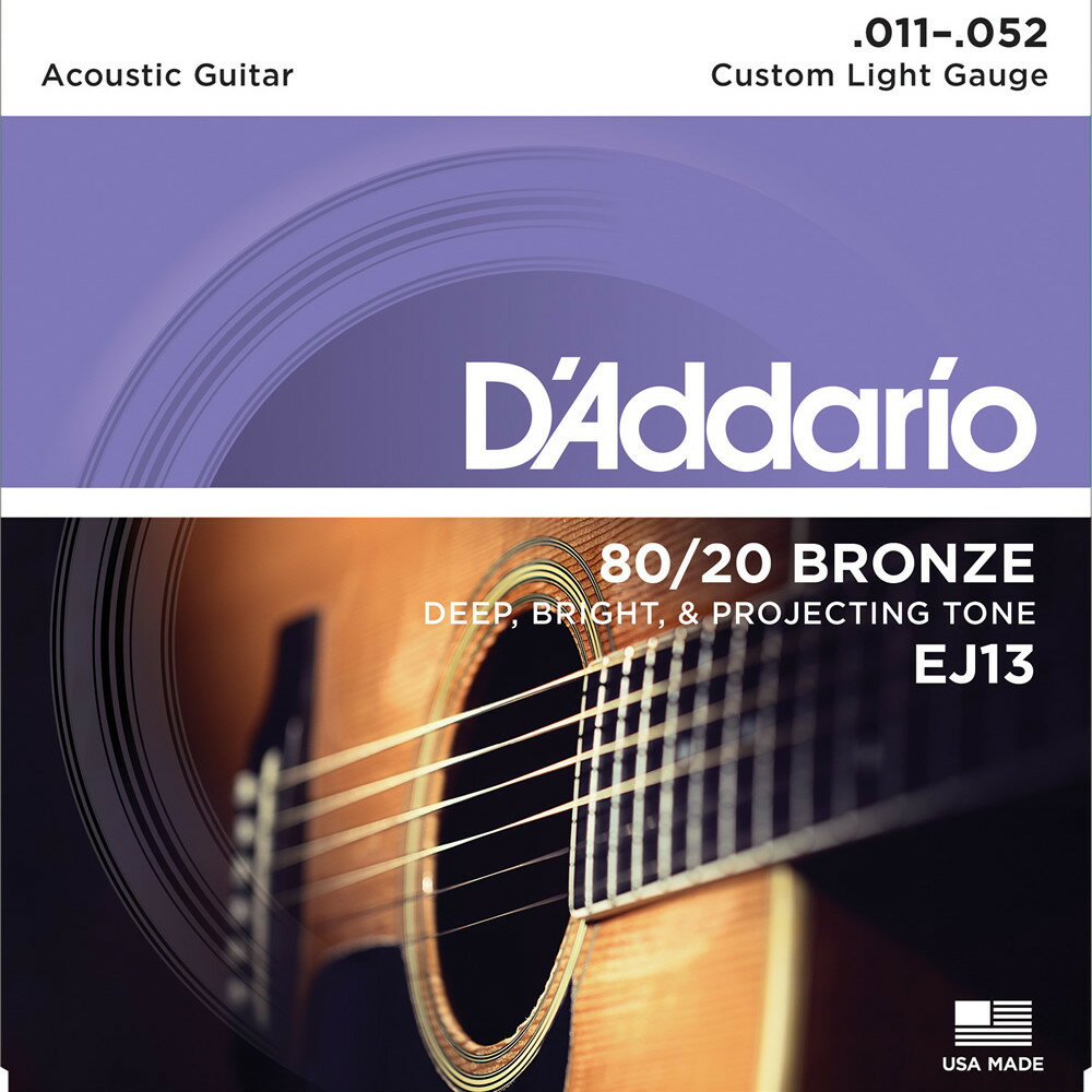 【商品仕様】 D'Addarioは初めて80/20ブロンズをアコースティックギター弦に採用したパイオニアです。 ブライトで切れの良いサウンドが特徴で、多くのアーティストがスタジオ/ライブワークなど場所を選ばず愛用しています。 Custom Light 1st:0.011 2nd:0.015 3rd:0.022 4th:0.032 5th:0.042 6th:0.052